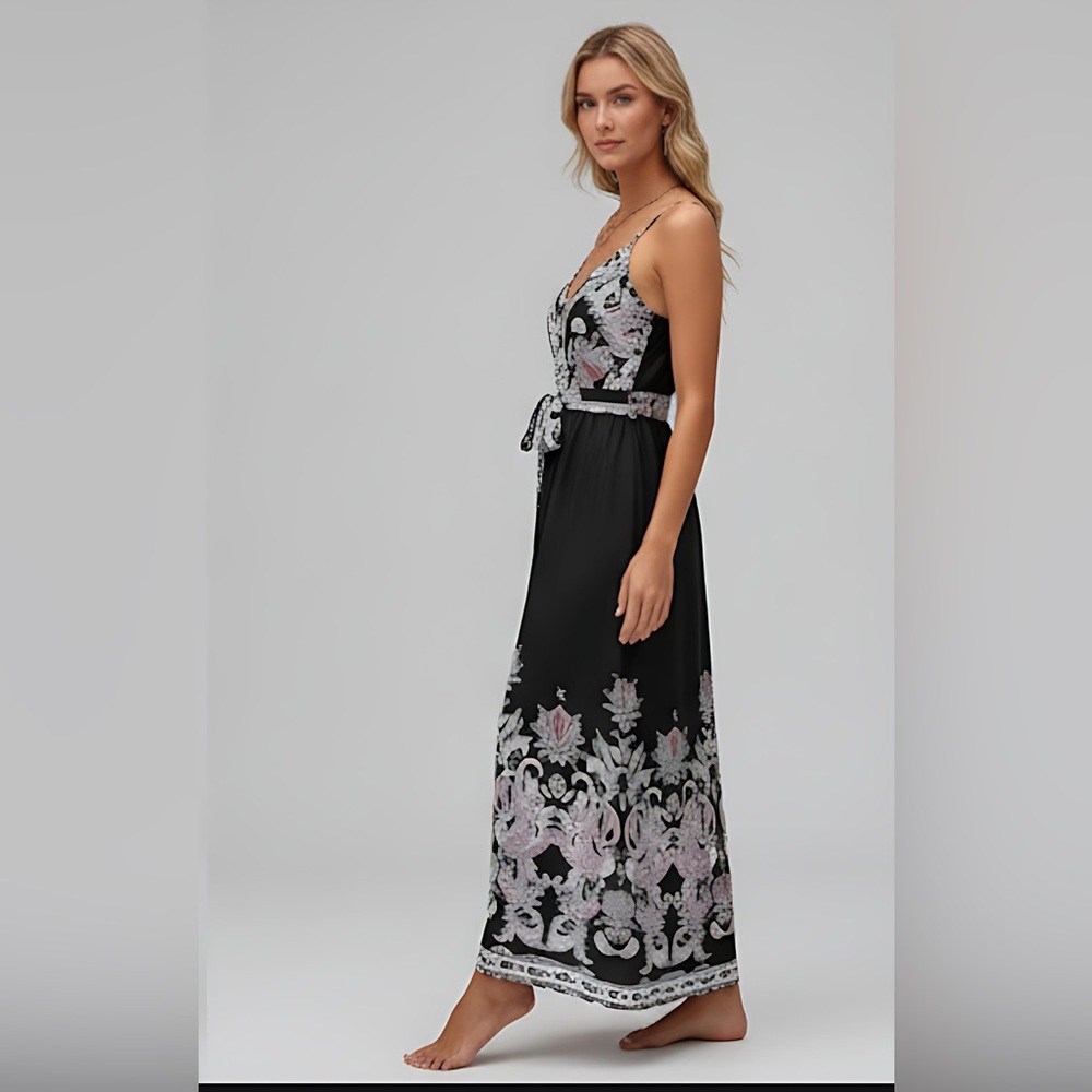 Black/White Paisley Print Belted Cami Dress - Picture 3 of 6